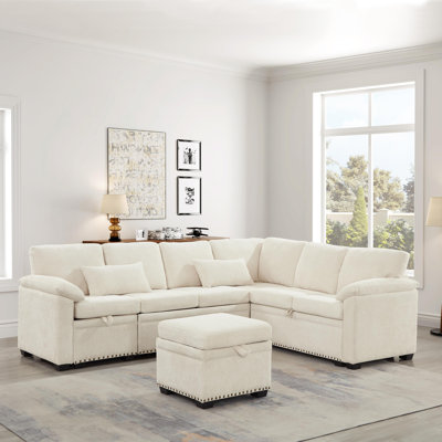 Canapé modulaire en L 97 po en chenille avec repose-pieds et 2 coussins, idéal pour la vie moderne et les sièges confortables