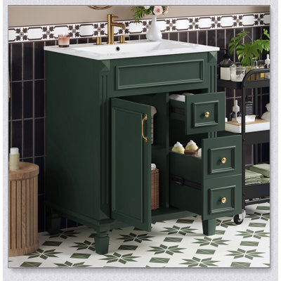 Meuble-lavabo de 24 pouces avec lavabo en céramique, conception compacte, 2 tiroirs et tablette réglable pour les salles de bain modernes