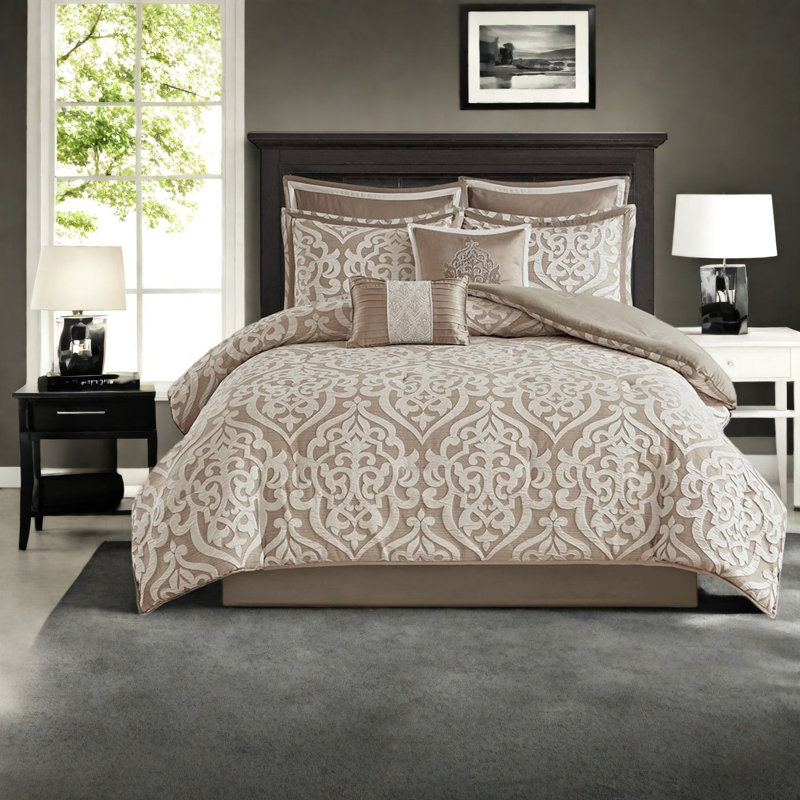 Ensembles de literie pour très grand lit luxueux, jacquard polyester ivoire brun clair, confort élégant