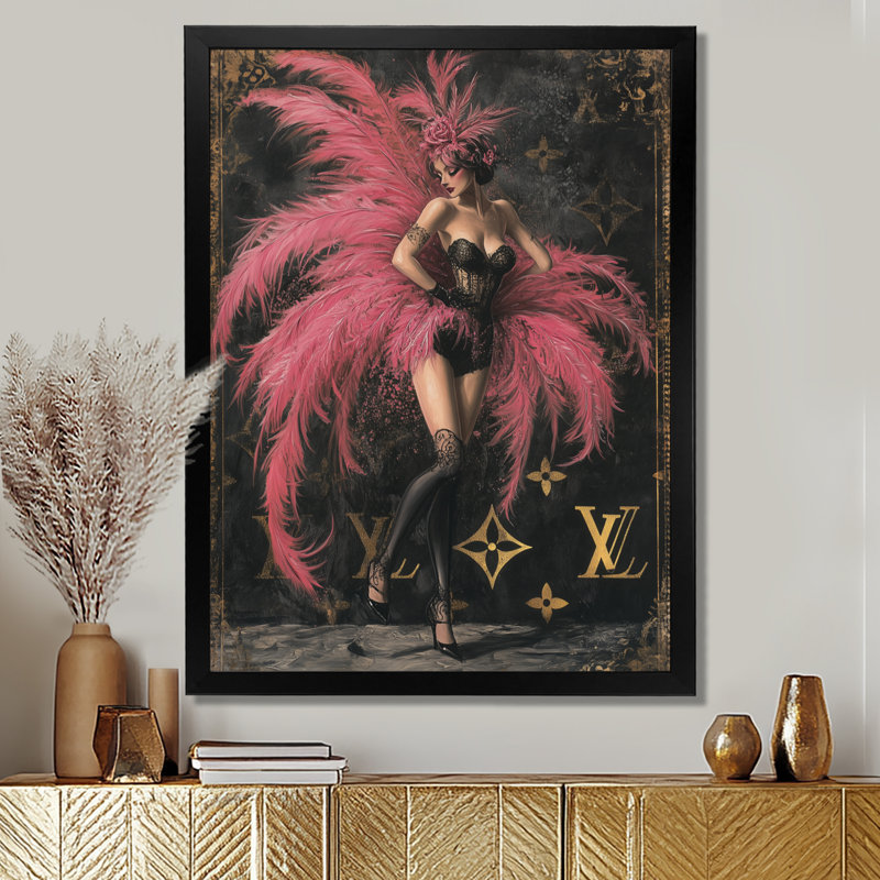 Déesse cabaret rose à plumes roses - salon art mural femme, Sans cadre, métal, H 32 po x l 16 po
