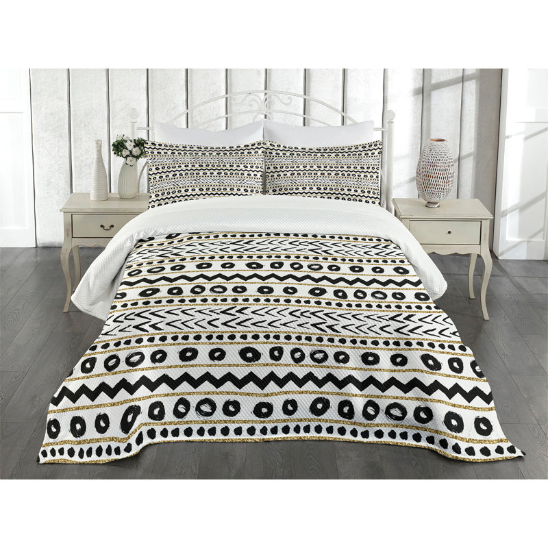 Ambesonne Boho Bedspread Set Abstract Prehistoric Black Yellow, King Coverlet / Bedspread + 2 Standard Shams
