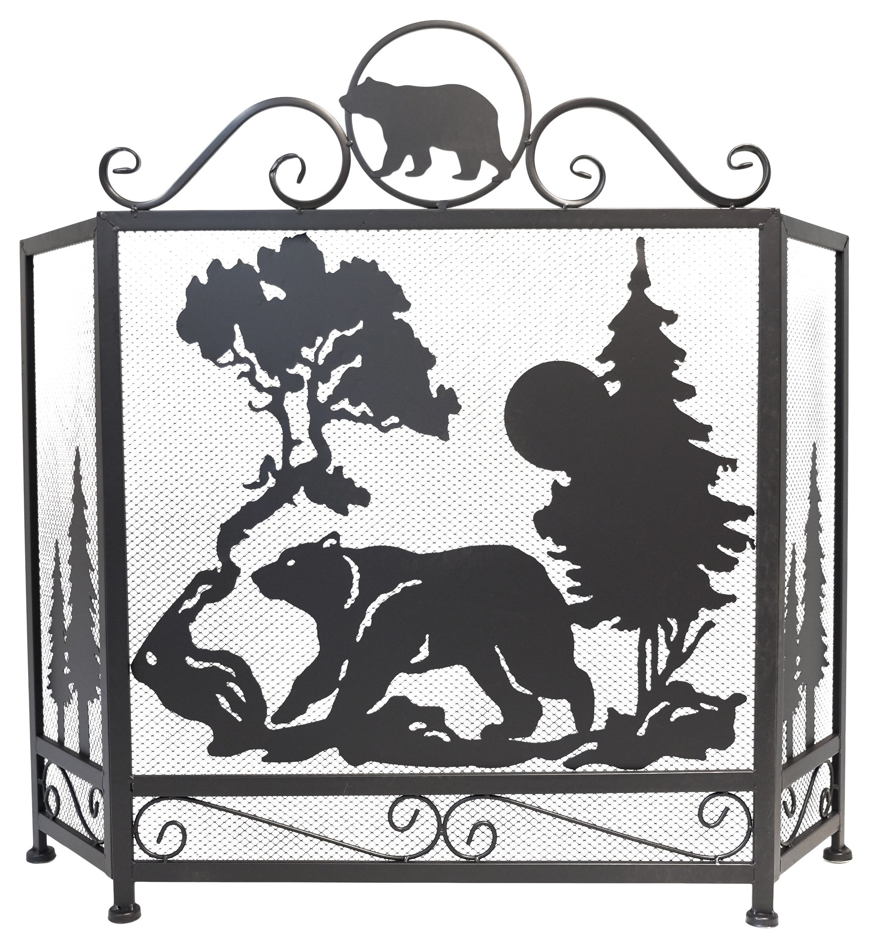 Millwood Pines Metal Bear and Trees 3-Panel Fireplace Screen | Wayfair