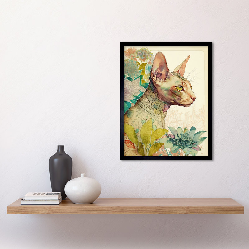 Sphynx Cat With Floral Tattoo In Flower Blooms Colourful Modern Watercolour - Single Picture Frame Print