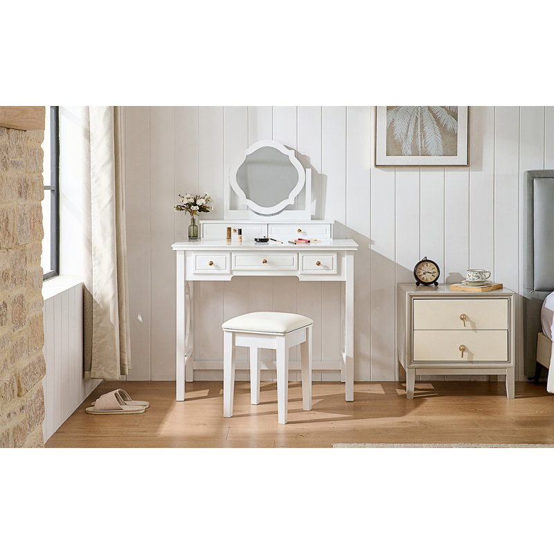 Coiffeuse compacte avec miroir réversible, coiffeuse avec tabouret, coiffeuse compacte pour petits espaces