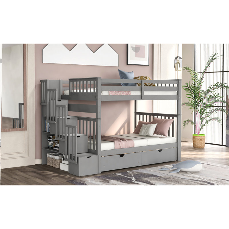 Lit superposé double avec tablettes et 6 tiroirs de rangement, gris (ancien SKU: LT000046AAE), Gris