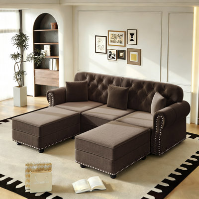 Mid-Century Modern 82.6" Velvet Upholstered Sofa With Nailhead Trim And Button Tufted, Modern Chesterfield Sofa With 2 Pillows And 2 Ottomans