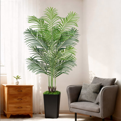 7FT  Tall Faux Palm Tree - Black Potted Fake Palms - Large Faux Palm Plant for Indoor Coastal Tree Decor, Modern Living Room & Office