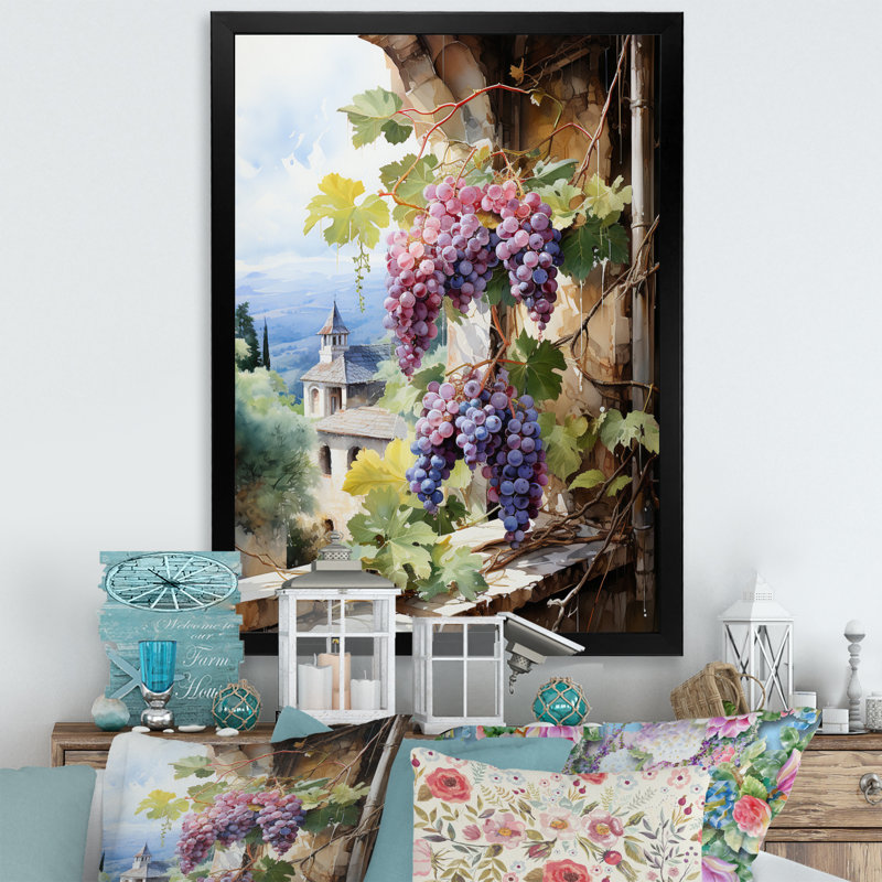 «Purple Green Grapes Vineyard», reproduction d'art sur toile, H 44 po x l 34 po x P 1,5 po, Cadre photo noir