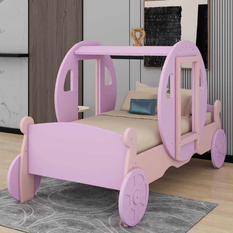 Lit de transport de lit simple en bois avec couronne et lit plateforme avec escalier, Mauve / Rose