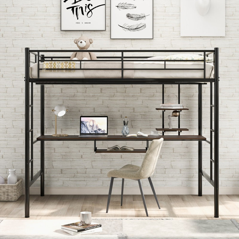 Structure de grand lit avec bureau et tablette, aucun sommier nécessaire, fabrication en métal robuste