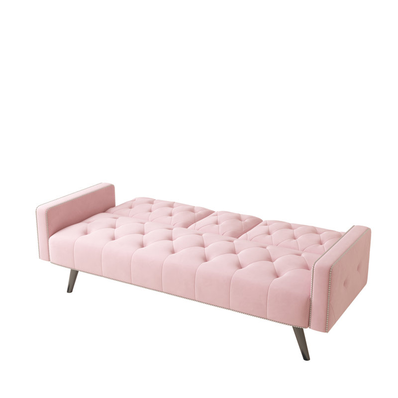72" Pink Velvet Bed With Nail Head Trim And Two Cup Holders, Can Be Converted To Bed, Build, Comfortable Cushioning 2 - Seater Convertible For Overnight Guests, Foam, Quick Assembly