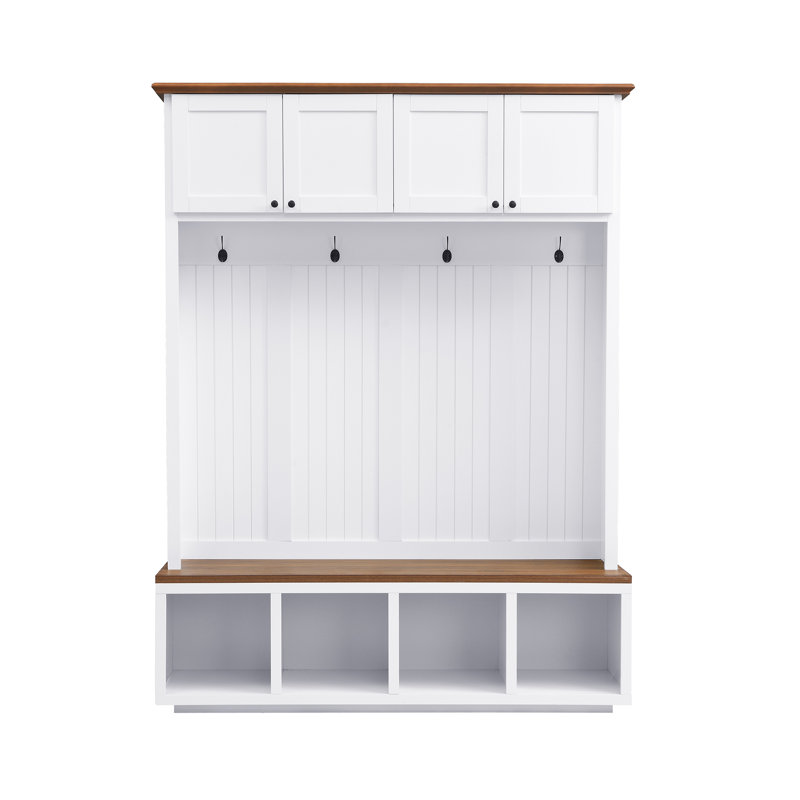 Hall Tree 59''Wide with 4 Hooks and Entryway Shoe Bench, 4-in-1 Coat Racks with 4 Open Compartments and Cabinets, for Entrance, Hallway, Mudroom