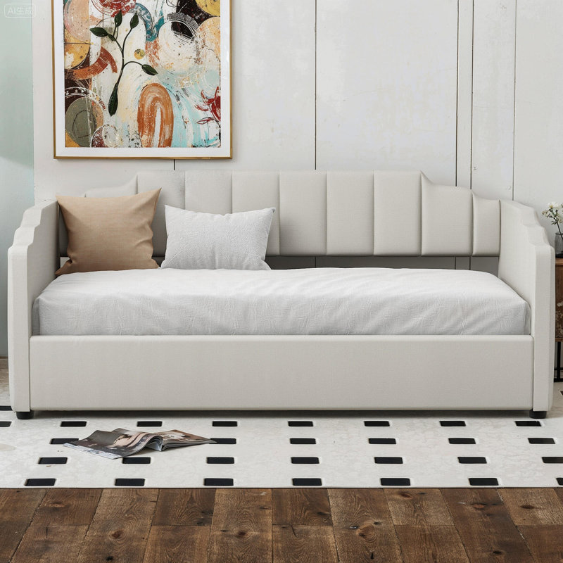 Lit de jour rembourré avec rangement inférieur, Beige, Simple