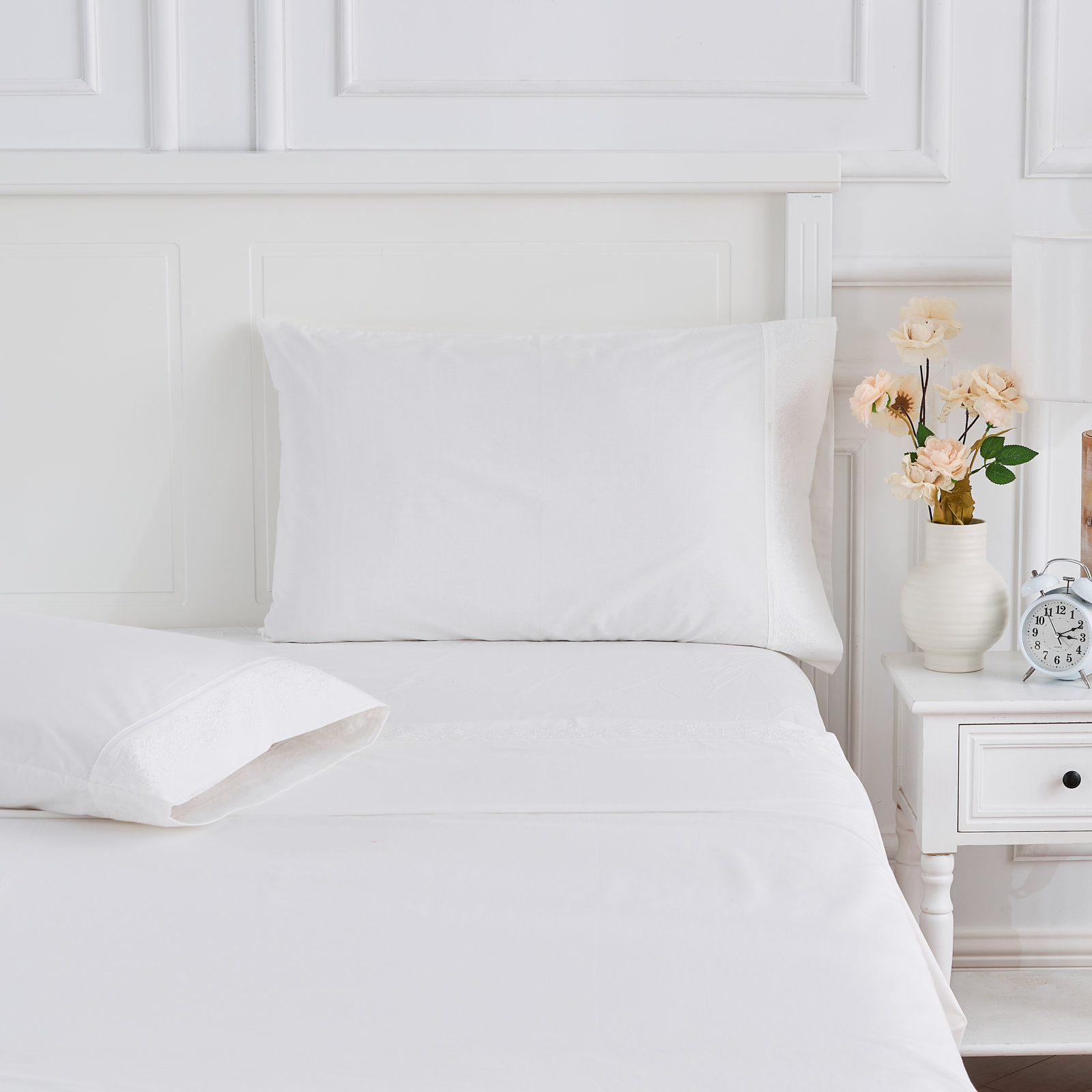 Cali 100% Cotton Percale Sheet Set, White, Twin Sheet Set with 1 Pillowcase