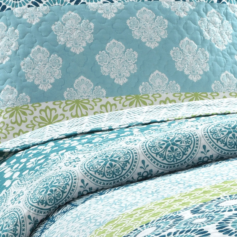 Bohemian Blue and Green Cotton Full/Queen Reversible Quilt Set