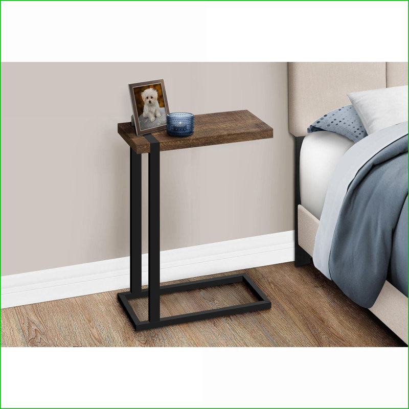 Table basse d'apparence en bois brun peu encombrante, table d'appoint en forme de C en métal noir pour le salon / la chambre à coucher
