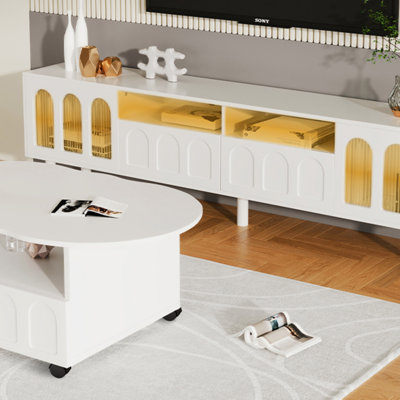 Ensemble de meuble télé et de table basse de style crème avec 2 bandes de lumière DEL pour téléviseur de 80 po ou moins, avec 2 roulettes pour le salon (meuble télé)