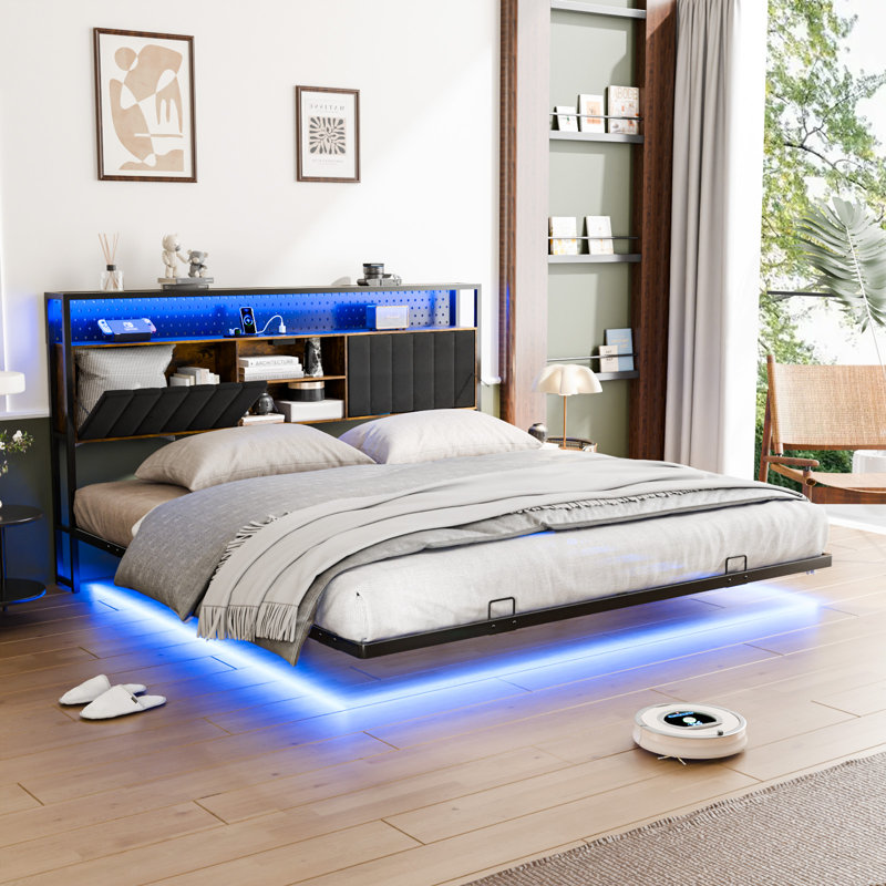 Cadre de lit flottant avec station de charge, cadre de lit à DEL avec tête de lit avec rangement, Très grand lit