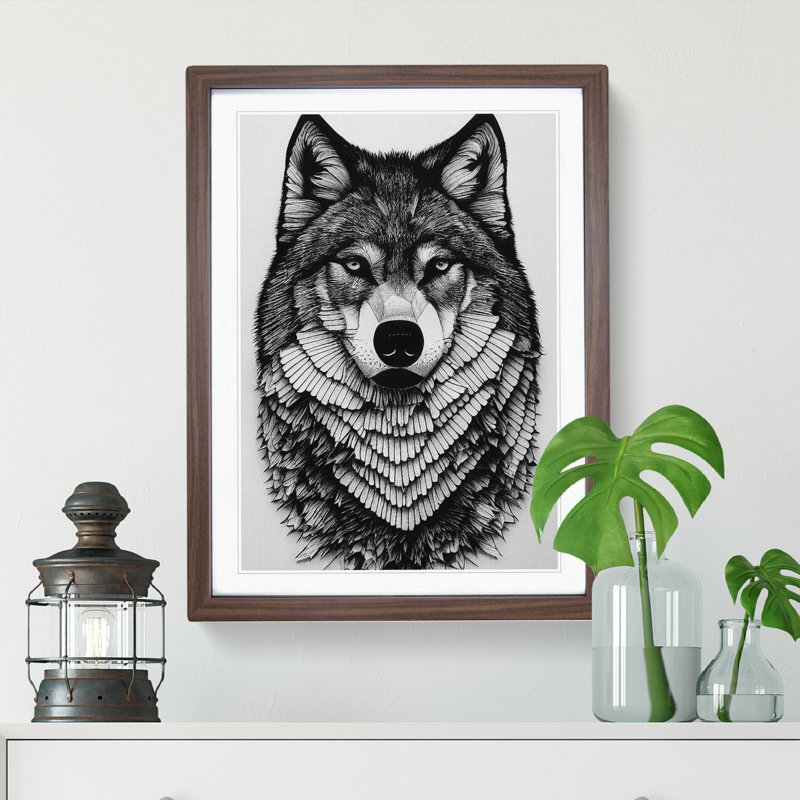 Monochrome Wolf No.2 - Framed Print, 64cm H x 46cm W, Walnut