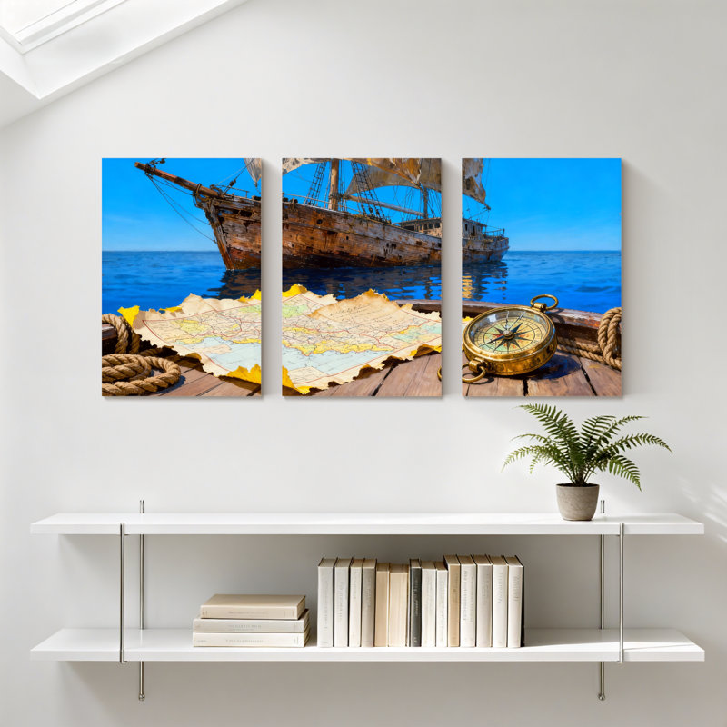 «Nautical Pirate Ship Map Compass Ocean Adventure», ensemble de 3 impressions sur toile, H 24 po x l 48 po