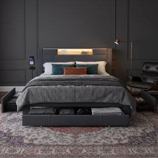 Storage Bed With 3 Drawers, Upholstered Bed Frame With Dual USB Ports & LED Headboard, Grey Velvet