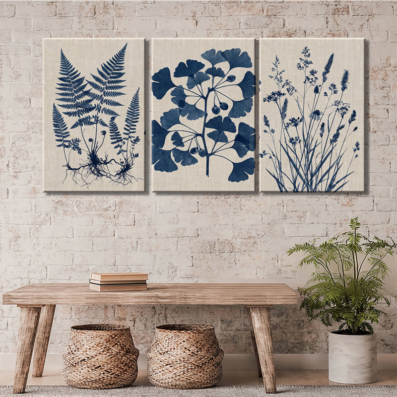 Ensemble de 3 impressions vintage sur toile de fougère bleue, 28 * 40 pouces * 3