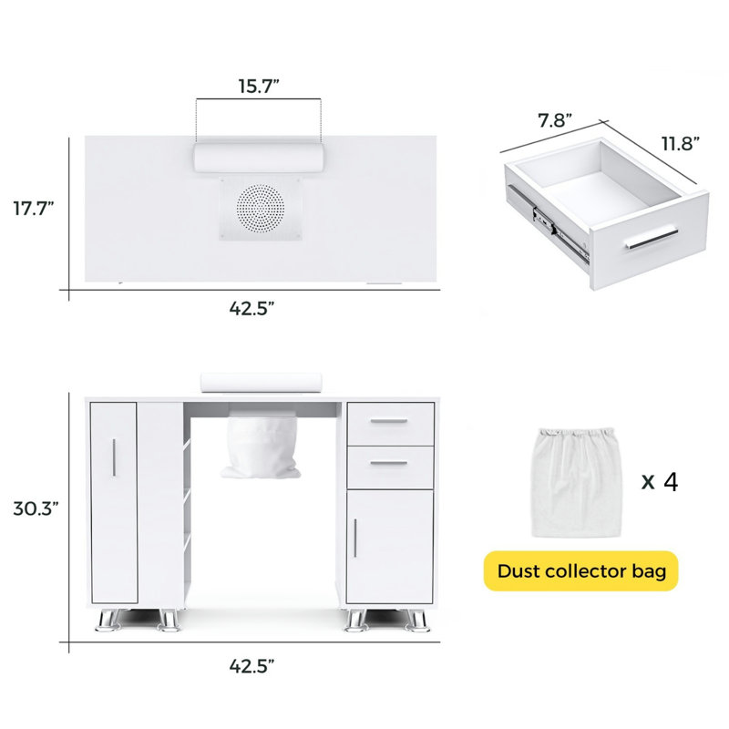 Station de table manucure avec collecteur de poussière électrique Aldgate, 4 sacs à poussière, coussin de poignet, Blanc