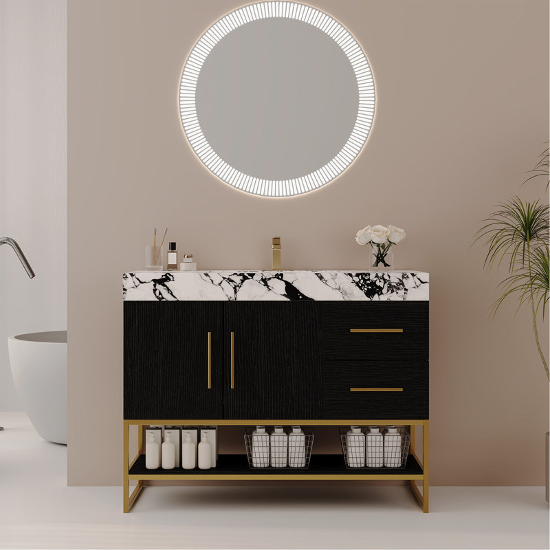 Meuble-lavabo autoportant moderne 36 po avec lavabo en céramique sans soudure et plateau en pierre frittée, Black