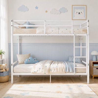 White metal bunk bed featuring a ladder and high safety rails; includes built-in storage and a noise-reducing design; both top and bottom bunks are sized for a single person.