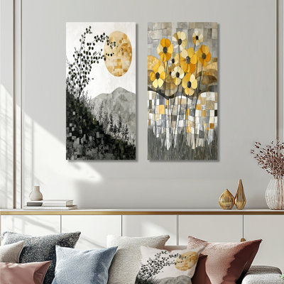 Fleur d'été en mosaïque sur une fleur grise du désert I - Collection de 2 impressions sur toile florales