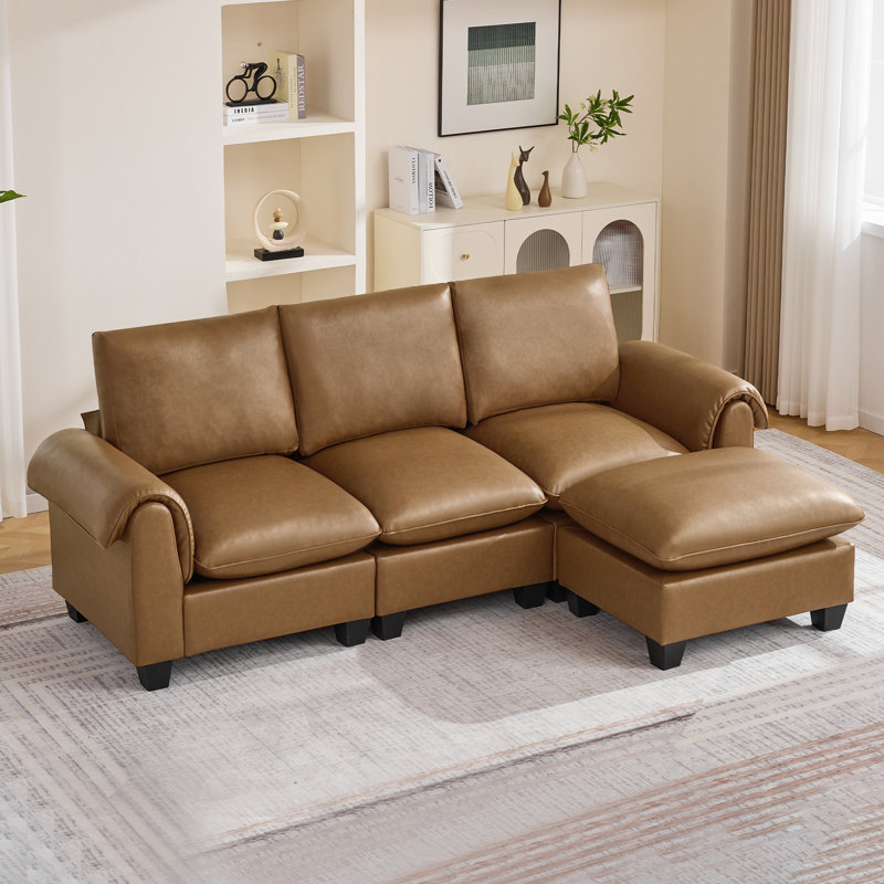 Canapé modulaire en forme de L 96 po avec repose-pieds 96 po, Similicuir brun clair