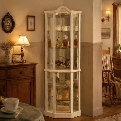 Armoire vitrée d'angle lumineuse en verre, armoire à vin et bar sculptée avec tablettes réglables en verre, éclairage intégré inclus, finition blanche