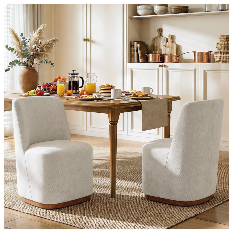 Ensemble de 2 chaises de salle à manger rembourrées modernes avec structure en chenille et bois d'hévéa beige