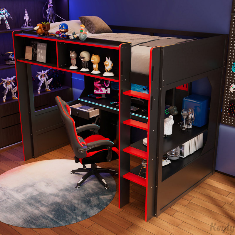 Lit mezzanine Gaming avec bureau, panneau perforé, DEL et rangement, Twin, Black+Red