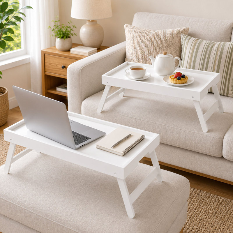 Ensemble de 2 tables-plateaux en bambou, pieds pliants, blanc, White