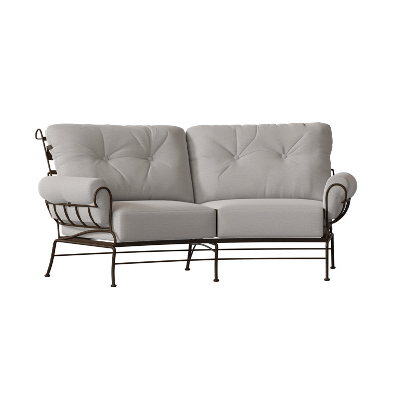 Terrace 82.5'' Wide Iron Loveseat with Cushions, Chestnut Brown, Impact Vapor Gray Sunbrella®