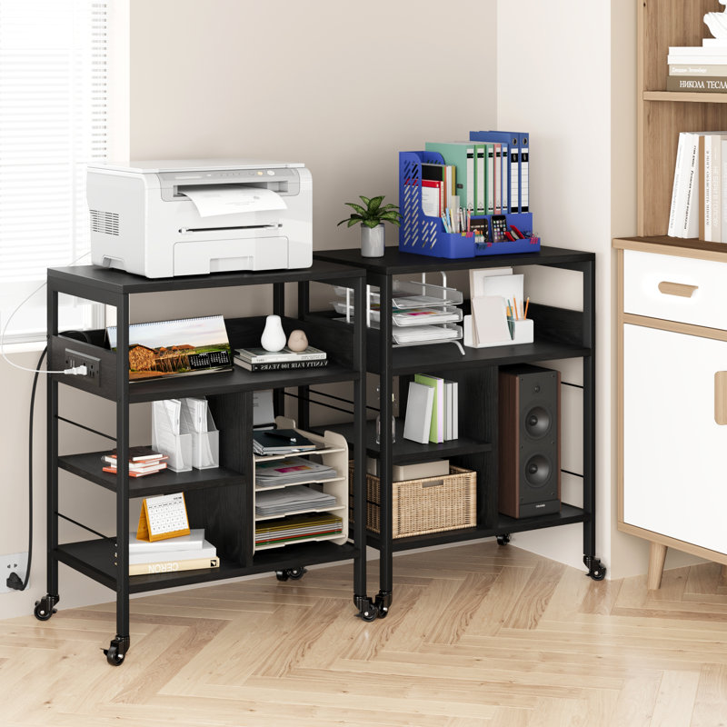 Support d'imprimante mobile à 3 niveaux avec station de charge, 2 prises CA et 2 ports USB, table à déchiqueteuse à roulettes avec tablette de rangement, pieds réglables et roues de frein pour bureau personnel, noir