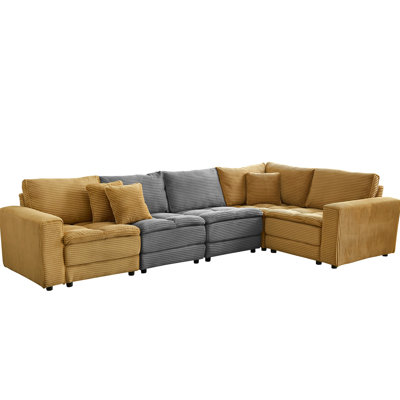 Convertible Sleeper 5 Seats L Shaped Sectional Couch With Soft Corduroy Upholstery, Detachable Seat & Back Cushions, Appealing For Living Room In Yellow And Grey Tones Corner Sleeper, Attractive