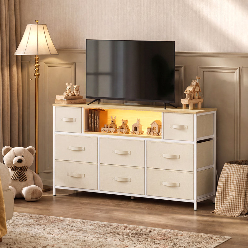 Commode l 47,2 po avec lumières DEL et station de charge pour la chambre à coucher, commode avec structure en acier robuste, meuble télé avec tiroirs en tissu pour chambre d'enfant et salon