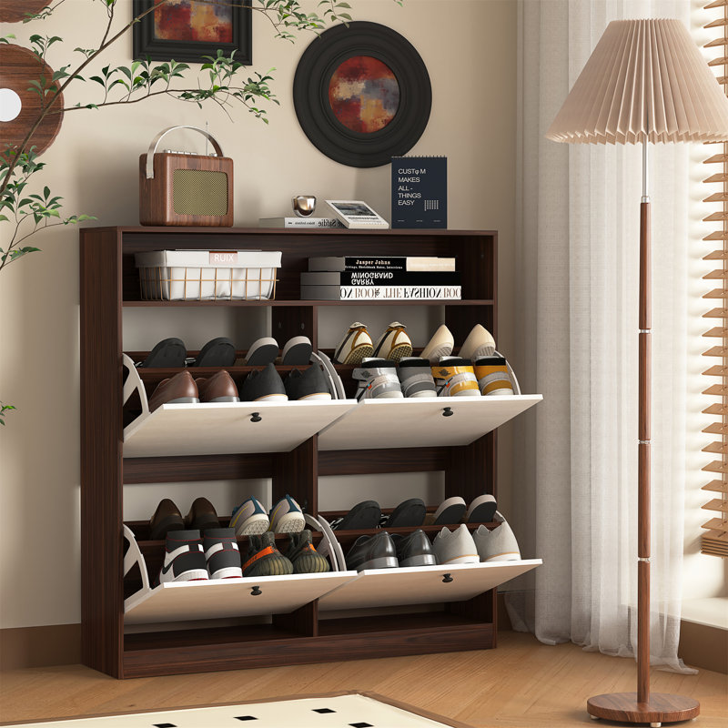Armoire à chaussures avec 4 tiroirs rabattables, Noyer