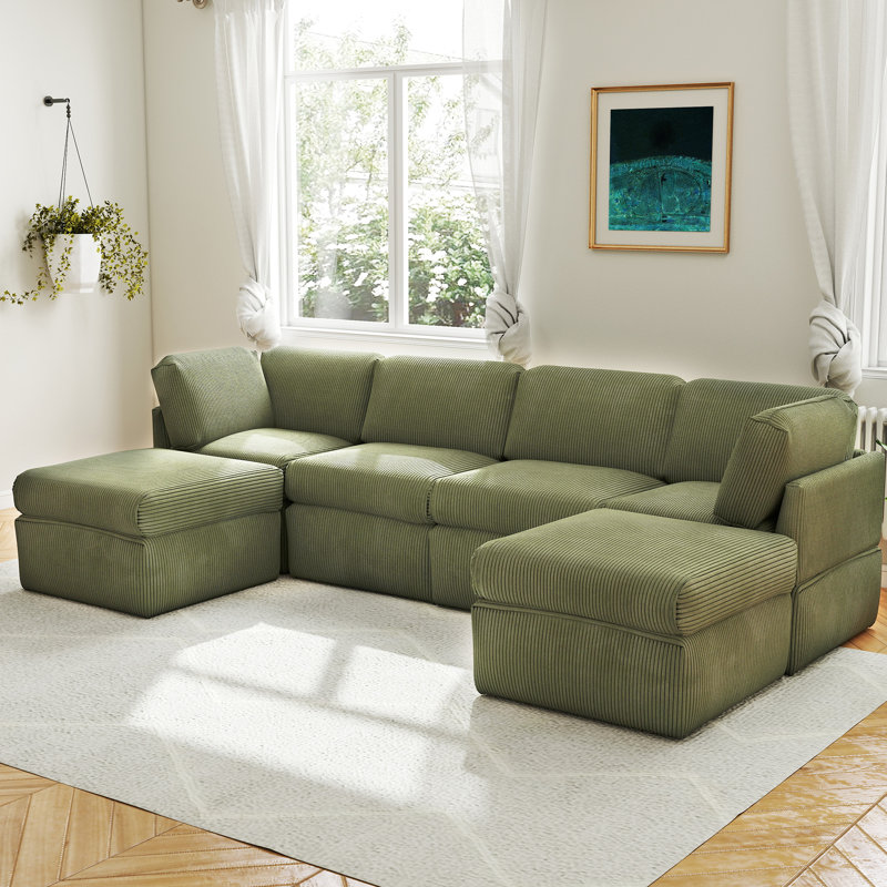 Joko 130.7" 6-Seater Corduroy Reversible Modular Corner Sectional Sofa with Ottoman U-Shape, Green Corduroy