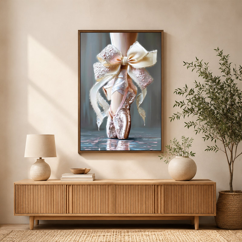 Ballet Pointe Shoes Large Bow Canvas Wall Art with Floating Frame, Ready to Hang, 16 x 24 po, Noir