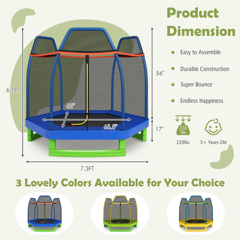 Trampoline hexagonal de 7 pi avec clôture de sécurité pour l'intérieur Costway (exclusif à Wayfair), Bleu