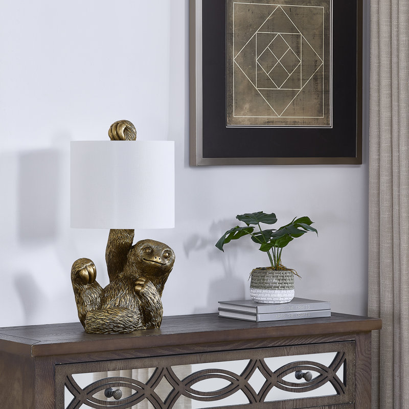 22" Resin Sloth Table Lamp With Shade, Gold, White