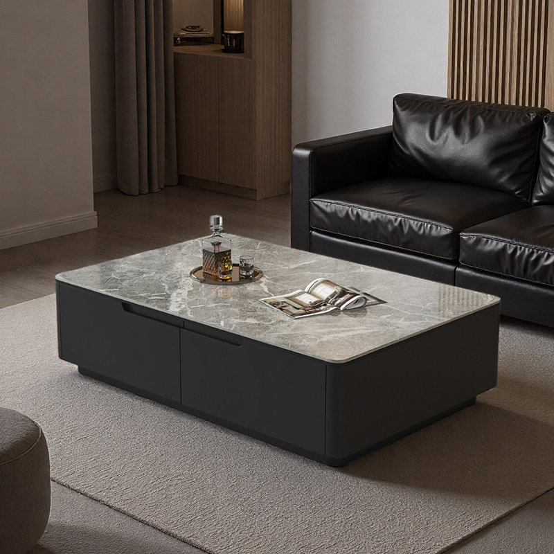 Modern rectangular stone slab coffee table, 16.9" H x 55.1" L x 27.6" W, Gray
