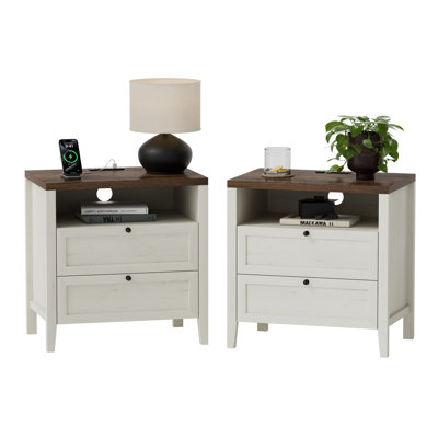 Farmhouse Nightstand With 2 Drawers And Charging Station