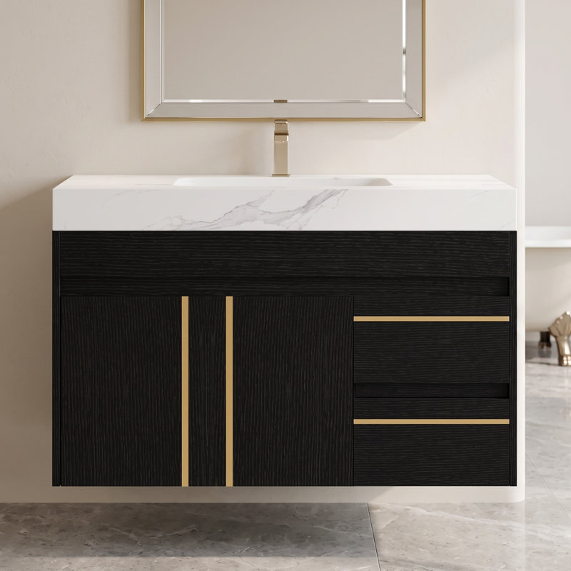 Meuble-lavabo mural simple noir de 91 cm (36 po) avec lavabo en céramique et comptoir en pierre frittée blanche veinée