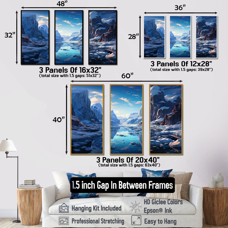 «Blue Winter Landscape In Greenland - Glacier», ensemble de décorations murales, Cadre flottant doré