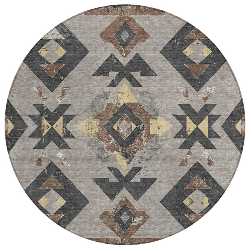 Tapis d'intérieur/extérieur rond 8' taupe anthracite et blé à motifs aztèques, lavable