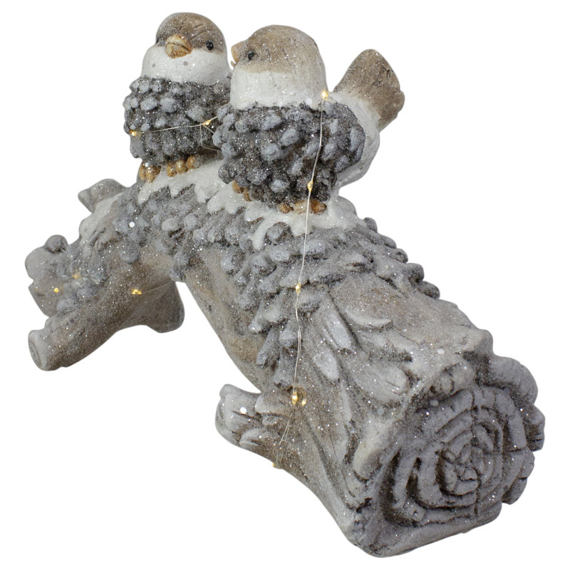 18" Gray and White Ceramic Pre-Lit Winter Birds on Log Decoration